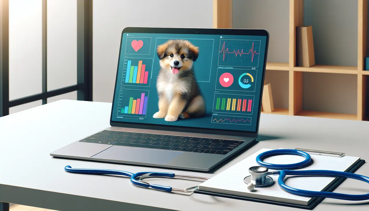 Veterinary Financial Management on a Laptop with graphs and a dog